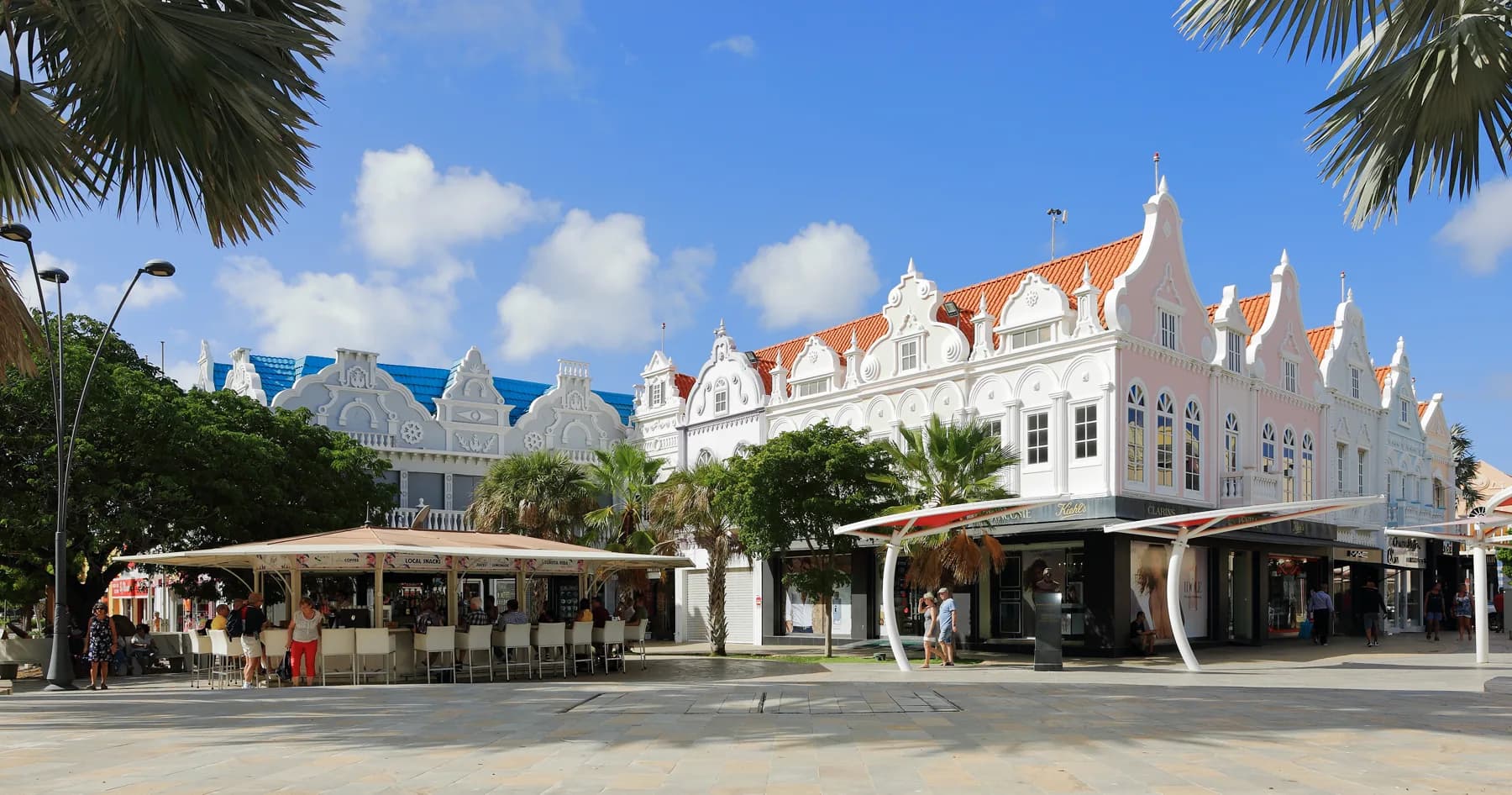 Colorful architecture at Plaza Daniel Leo in downtown Oranjestad, Aruba