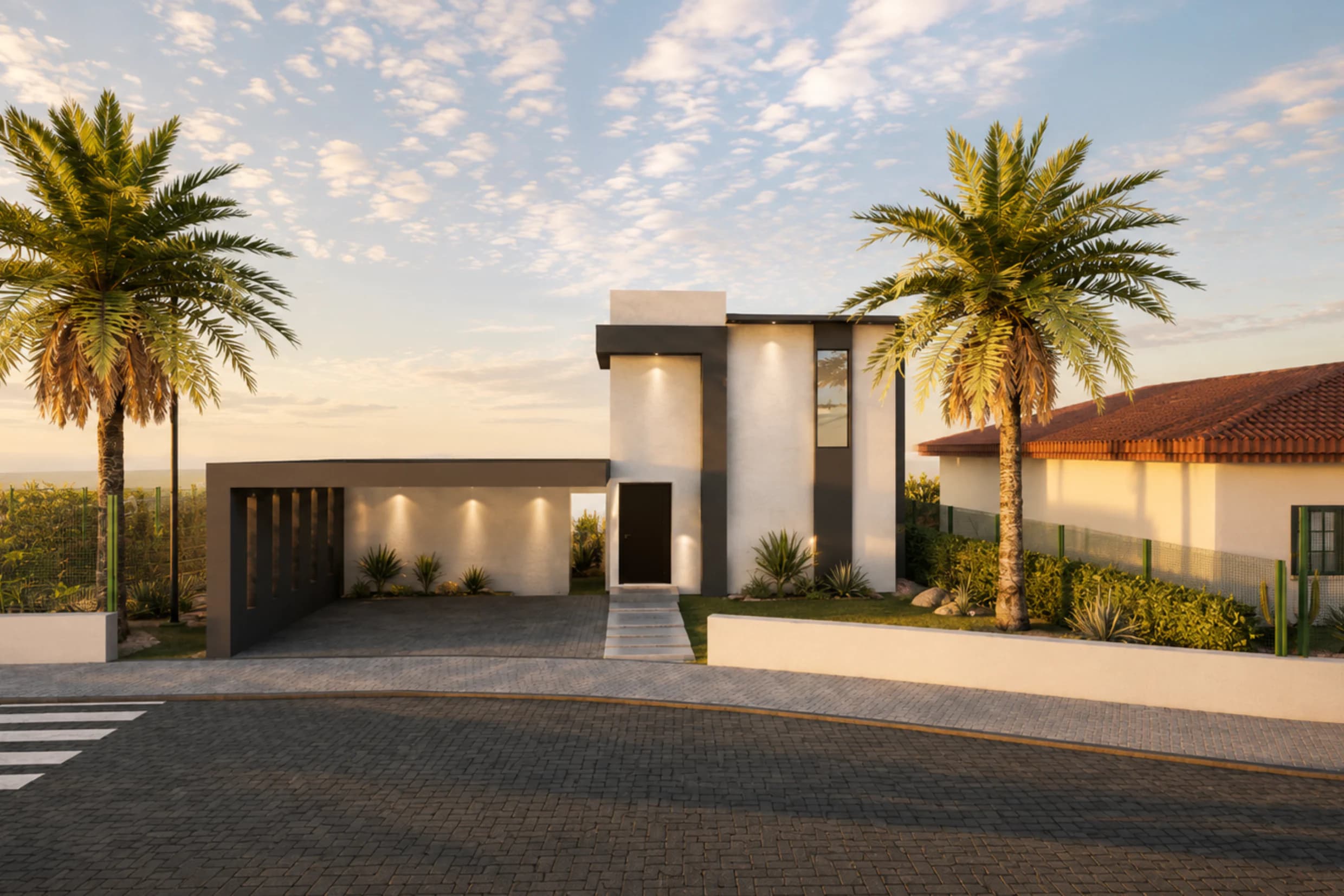 Audrey residence exterior at sunset